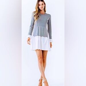 English Factory Poplin Dress Pleated Knit Long Sleeve Gray White NWT Ret $100 M